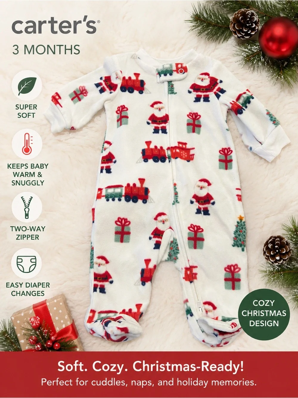 Carter's White Fleece Holiday Footed One-Piece with Santa & Train Print